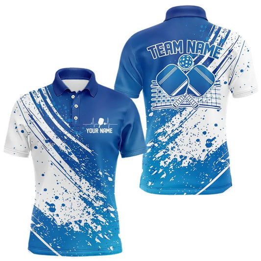 Maxcorners Custom Blue And White Pickleball Polo Shirts For Men, Pickleball Heartbeat Pulse Line Shirt