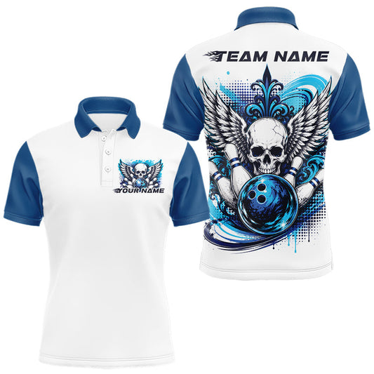 Maxcorners Custom Blue Skull With Wings Bowling Team Men Polo Shirts, Gothic Bowling Jerseys LM2405