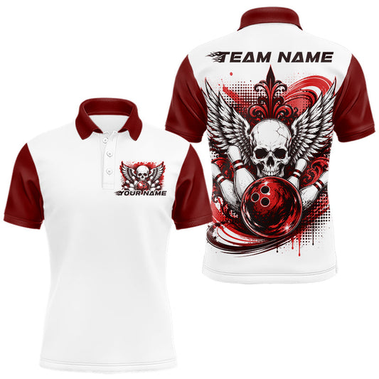Maxcorners Custom Red Skull With Wings Bowling Team Men Polo Shirts, Gothic Bowling Jerseys LM2405