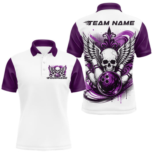 Maxcorners Custom Purple Skull With Wings Bowling Team Men Polo Shirts, Gothic Bowling Jerseys LM2405