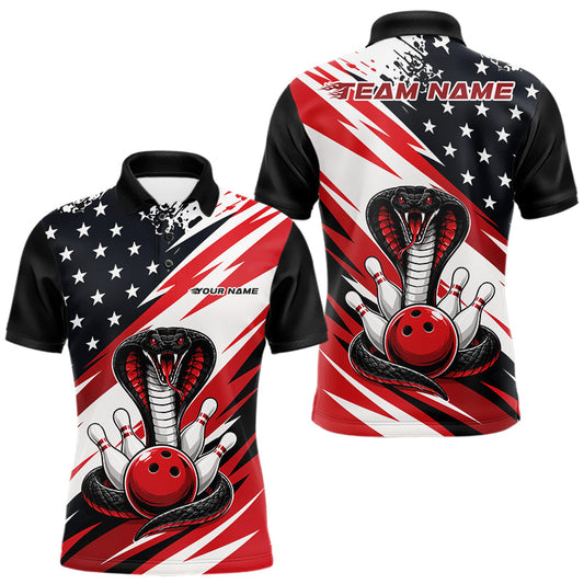 Maxcorners Custom Red American Flag Patriotic Cobra Bowling Men Polo Shirt, US Bowling Jerseys LM2405