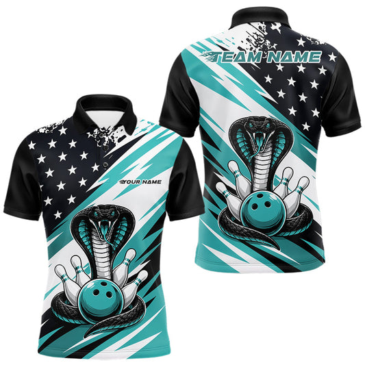 Maxcorners Custom Blue American Flag Patriotic Cobra Bowling Men Polo Shirt, US Bowling Jerseys LM2405