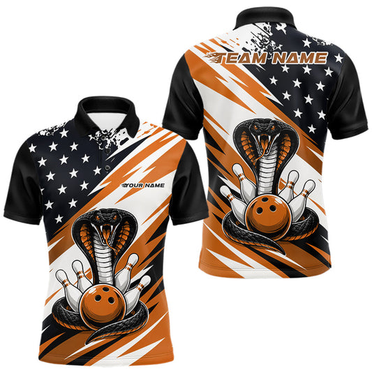 Maxcorners Custom Orange American Flag Patriotic Cobra Bowling Men Polo Shirt, US Bowling Jerseys LM2405