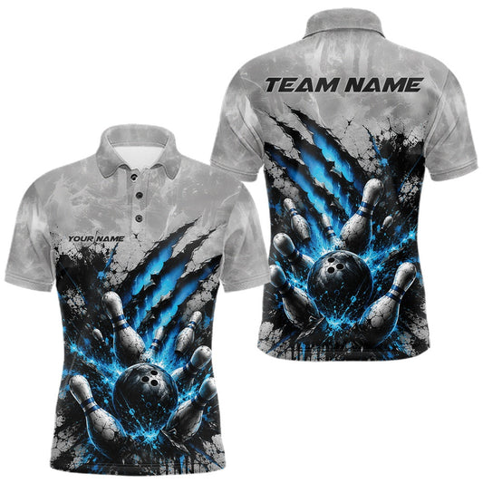 Maxcorners Custom Gray And Blue Men Polo Shirt Featuring Bowling Ball And Pins With Claw-Mark LM2806