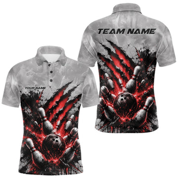 Maxcorners Custom Gray And Red Men Polo Shirt Featuring Bowling Ball And Pins With Claw-Mark LM2806