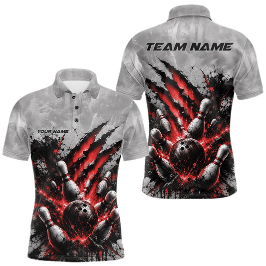 Maxcorners Custom Gray And Red Men Polo Shirt Featuring Bowling Ball And Pins With Claw-Mark LM2806