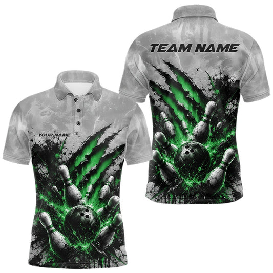 Maxcorners Custom Gray And Green Men Polo Shirt Featuring Bowling Ball And Pins With Claw-Mark LM2806
