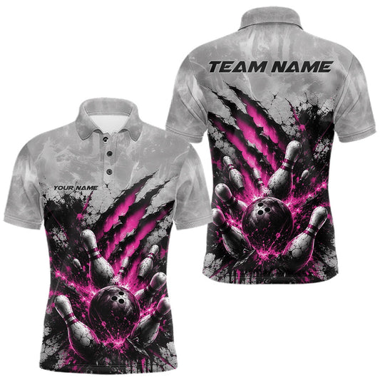 Maxcorners Custom Gray And Pink Men Polo Shirt Featuring Bowling Ball And Pins With Claw-Mark LM2806