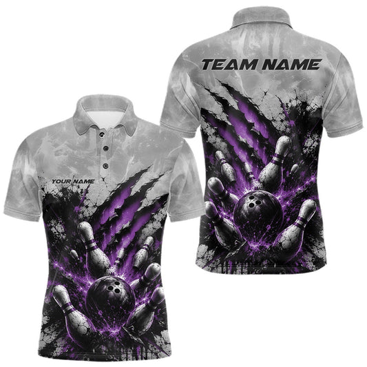 Maxcorners Custom Gray And Purple Men Polo Shirt Featuring Bowling Ball And Pins With Claw-Mark LM2806