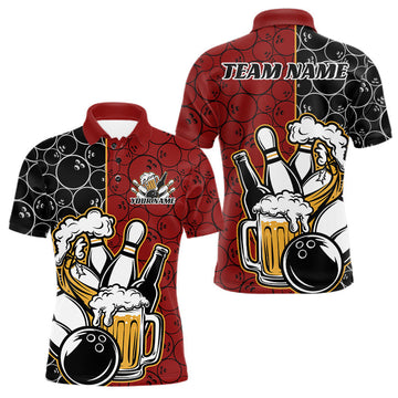 Maxcorners Custom Black And Red Retro Bowling Beer Team Shirts For Men, Bowling Pattern Jerseys LM2201