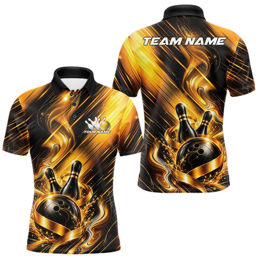 Maxcorners Custom Black And Gold Men Bowling Polo Shirt With Dynamic Bowling Ball And Pins LM2806