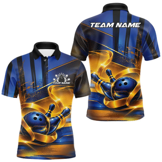 Maxcorners Personalized Blue And Gold Bowling Men Polo Shirt With Glossy Bowling Ball And Pins LM2806