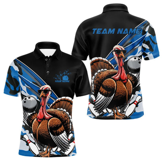 Maxcorners Custom Blue Camo Funny Turkey Bowling Team Shirt For Men, Turkey Bowling Jerseys LM2201