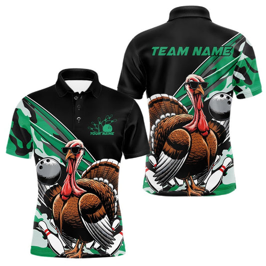 Maxcorners Custom Green Camo Funny Turkey Bowling Team Shirt For Men, Turkey Bowling Jerseys LM2201