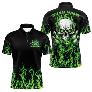 Maxcorners Custom Green Flame Skull Bowling Team Shirts For Men, Halloween Bowling Jerseys