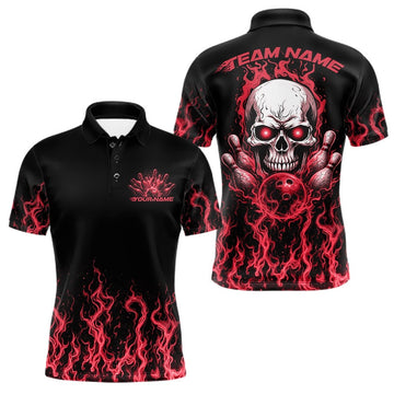 Maxcorners Custom Red Flame Skull Bowling Team Shirts For Men, Halloween Bowling Jerseys