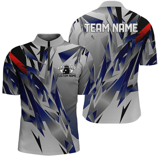 Maxcorners Blue And Gray Custom Name Unisex Bowling Team Shirts, Bowling Tournament Jerseys For Bowlers Gift