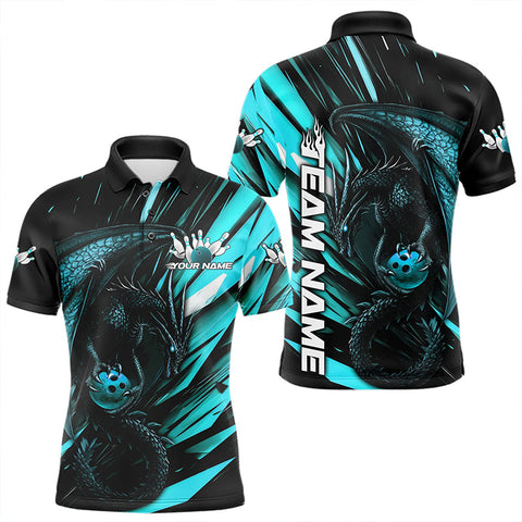 Maxcorners Black And Blue Custom Dragon Bowling Team Polo Shirts For Men, Bowling League Shirt Lm243