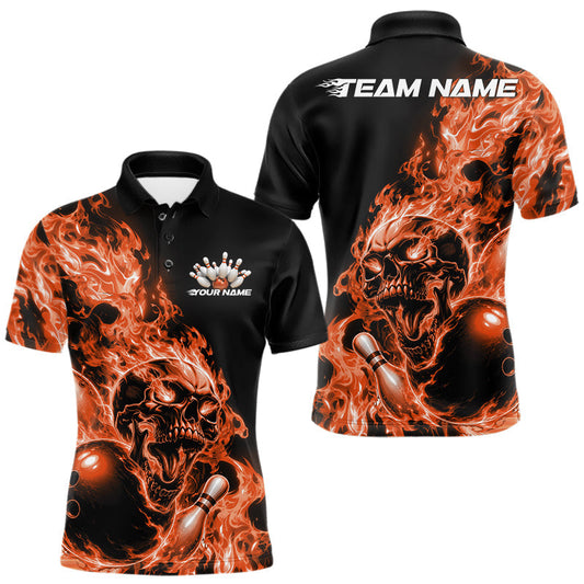 Maxcorners Custom Multi Color Fire Flame Skull Bowling Shirts For Men, Women And Kid, Halloween Bowling Jersey | Orange LM2405
