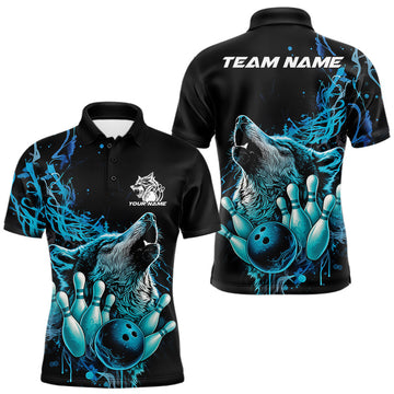 Maxcorners Custom Blue Wolf Howling Men Polo Shirt, Wolf Bowling Team Jerseys
