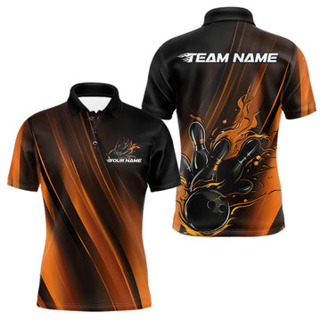 Maxcorners Custom Gold And Orange Gradient Flame Bowling Team Jerseys, Fire Bowling Shirt For Men