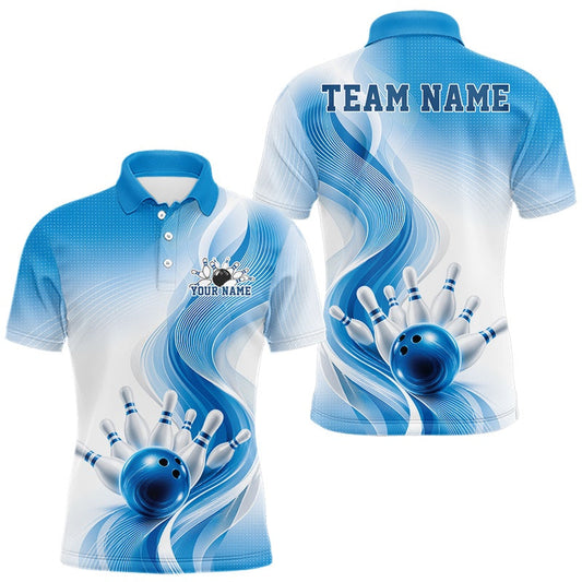 Maxcorners Custom Blue Bowling Jerseys For Men, Bowling Team Tournament Polo Shirt Bowler Outfit LM2704