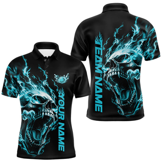 Maxcorners Custom Multi Color Fire Flame Skull Head Bowling Team Shirts For Men, Women And Kid With Multiple Styles | Cyan Blue LM2405