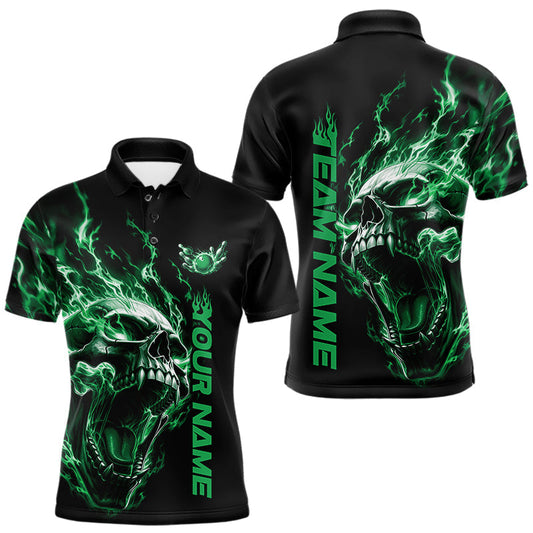 Maxcorners Custom Multi Color Fire Flame Skull Head Bowling Team Shirts For Men, Women And Kid With Multiple Styles | Green LM2405