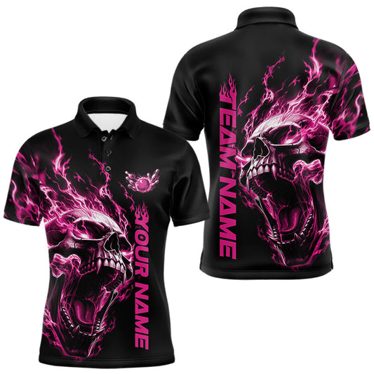 Maxcorners Custom Multi Color Fire Flame Skull Head Bowling Team Shirts For Men, Women And Kid With Multiple Styles | Pink LM2405