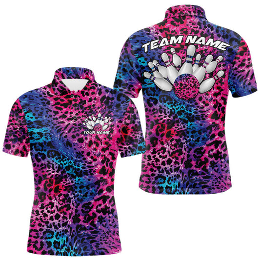 Maxcorners Custom Colorful Leopard Cheetah Pattern Bowling Men Polo Shirts, Zebra Bowling Jerseys LM0106