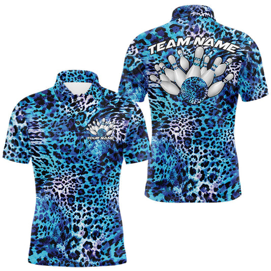 Maxcorners Custom Blue Leopard Cheetah Pattern Bowling Men Polo Shirts, Zebra Bowling Jerseys LM0106