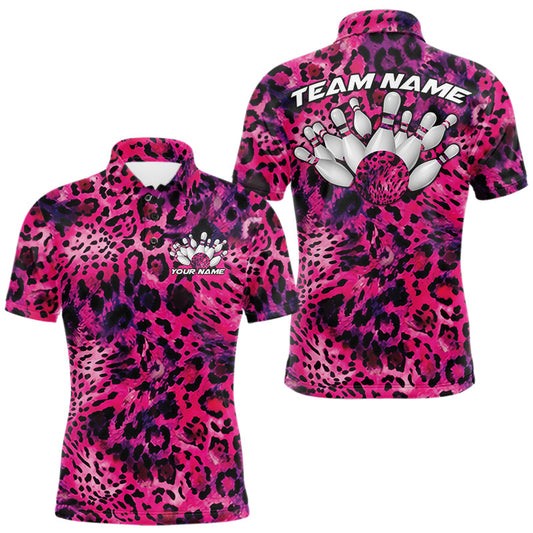 Maxcorners Custom Pink Purple Leopard Cheetah Pattern Bowling Men Polo Shirts, Zebra Bowling Jerseys LM0106