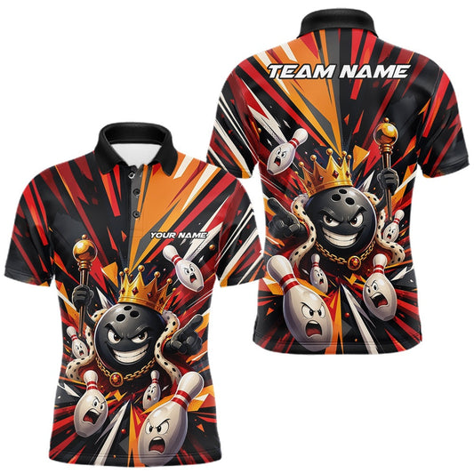 Maxcorners Custom Funny Bowling King Men Polo Shirt With Crowned Cartoon Bowling Ball And Pins LM2806