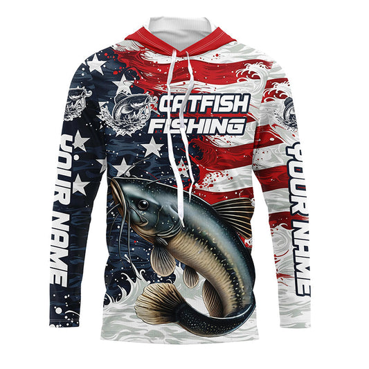 Maxcorners Catfish Fishing Custom Long Sleeve Fishing Shirts, American Flag Patriotic Catfish Fishing Shirts LM0501