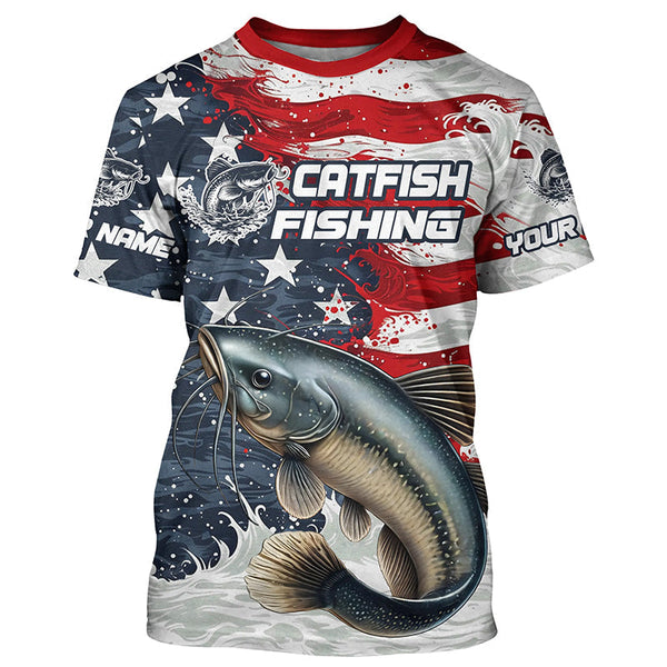 Maxcorners Catfish Fishing Long Sleeve Fishing Shirts, American Flag Patriotic Catfish Fishing Shirt MT2108