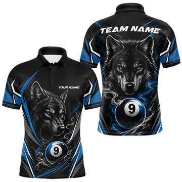 Maxcorners Custom Black And Blue Smoke Flame 9 Ball And Wolf Billiards Men Polo Shirt, Pool Shirt LM2607
