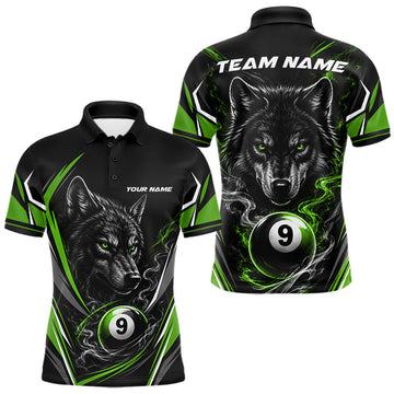 Maxcorners Custom Black And Green Smoke Flame 9 Ball And Wolf Billiards Men Polo Shirt, Pool Shirt LM2607
