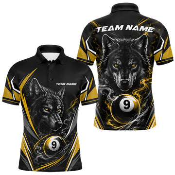 Maxcorners Custom Black And Yellow Smoke Flame 9 Ball And Wolf Billiards Men Polo Shirt, Pool Shirt LM2607