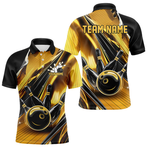 Maxcorners Custom Black And Gold Bowling Jerseys For Men, Bowling Team Polo Shirts With Name LM2110