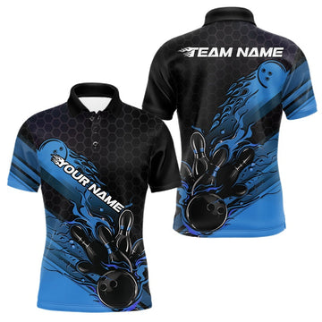 Maxcorners Custom Black And Blue Flame Bowling Team Shirts, Bowling League Shirt Men Bowling Jersey