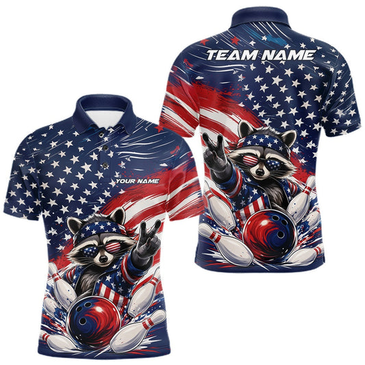 Maxcorners Custom Funny Patriotic Raccoon Bowling Men Polo Shirt With American Flag Design LM2806