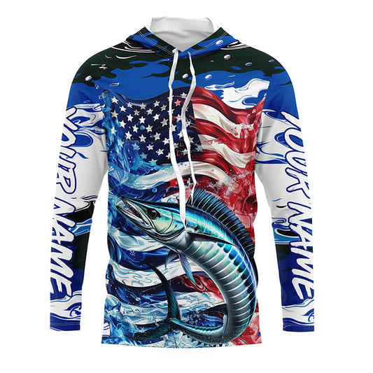 Maxcorners Wahoo Fishing Custom Long Sleeve Performance Shirts, American Flag Patriotic Wahoo Fishing Shirt LM0201