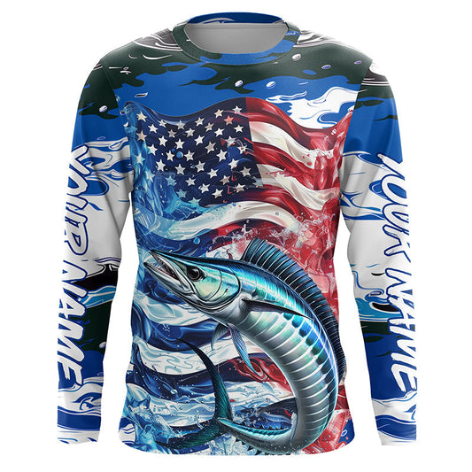 Maxcorners Wahoo Fishing Custom Long Sleeve Performance Shirts, American Flag Patriotic Wahoo Fishing Shirt LM0201