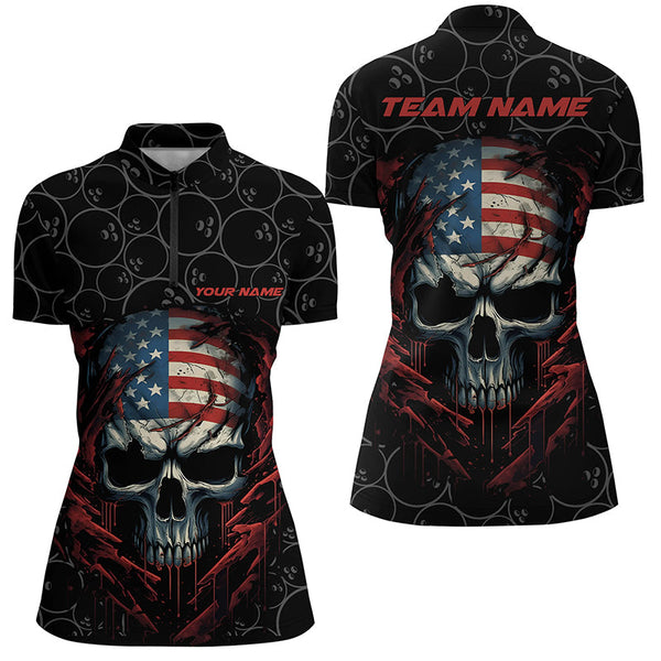 Maxcorners Custom American Flag Skull Bowling Shirts For Women, Patriotic Team Bowling Jerseys