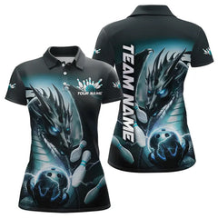 Maxcorners Blue Lightning Custom Dragon Bowling Polo Shirts For Women, Bowling Tournament Team Uniform