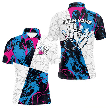 Maxcorners Custom Blue And Pink Camo Bowling Team Shirts For Men And Women, Camouflage Bowler Outfit