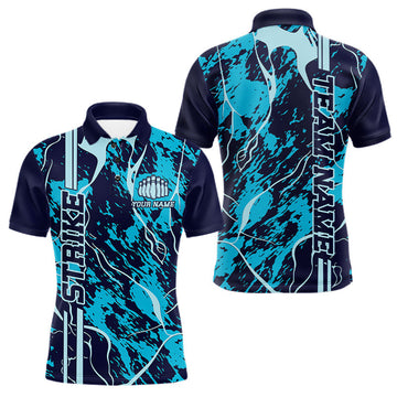Maxcorners Custom Navy And Cyan Blue Camo Strike Bowling Shirt Men Bowling Team Jersey Bowling League