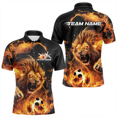 Maxcorners Custom Fire Flame Lion Bowling Team Men Polo Shirts, Lion Bowling League Shirt LM253