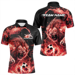Maxcorners Custom Red Flame Lion Bowling Team Men Polo Shirts, Lion Bowling League Shirt LM253
