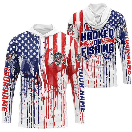 Maxcorners Hooked On Fishing Custom Skull Fishing Shirts, American Flag Patriotic Long Sleeve Fishing Shirt LM0501